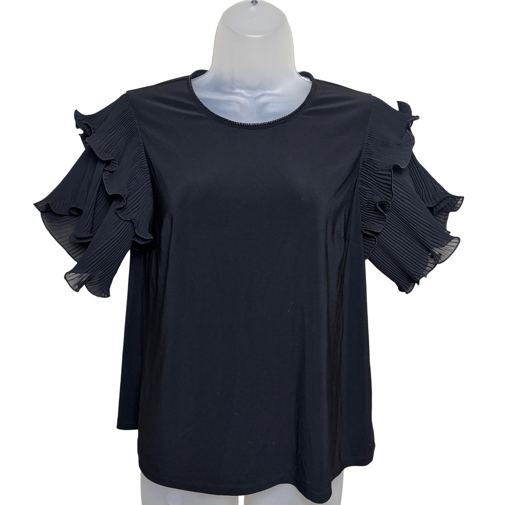 Joseph Ribkoff Black Tiered Ruffle‎ Butterfly Sleeve Pleated Blouse Womens 10 US